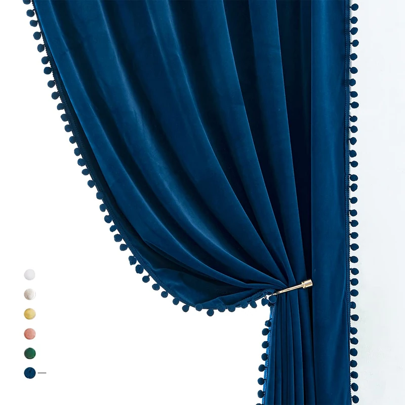 Treatmentex Pom-Pom Blue Velvet Curtains for Living Room 63" Luxury Room Darkening Cotton Feel Soft Classic Navy Royal Blue Window Curtain Panels 2PC