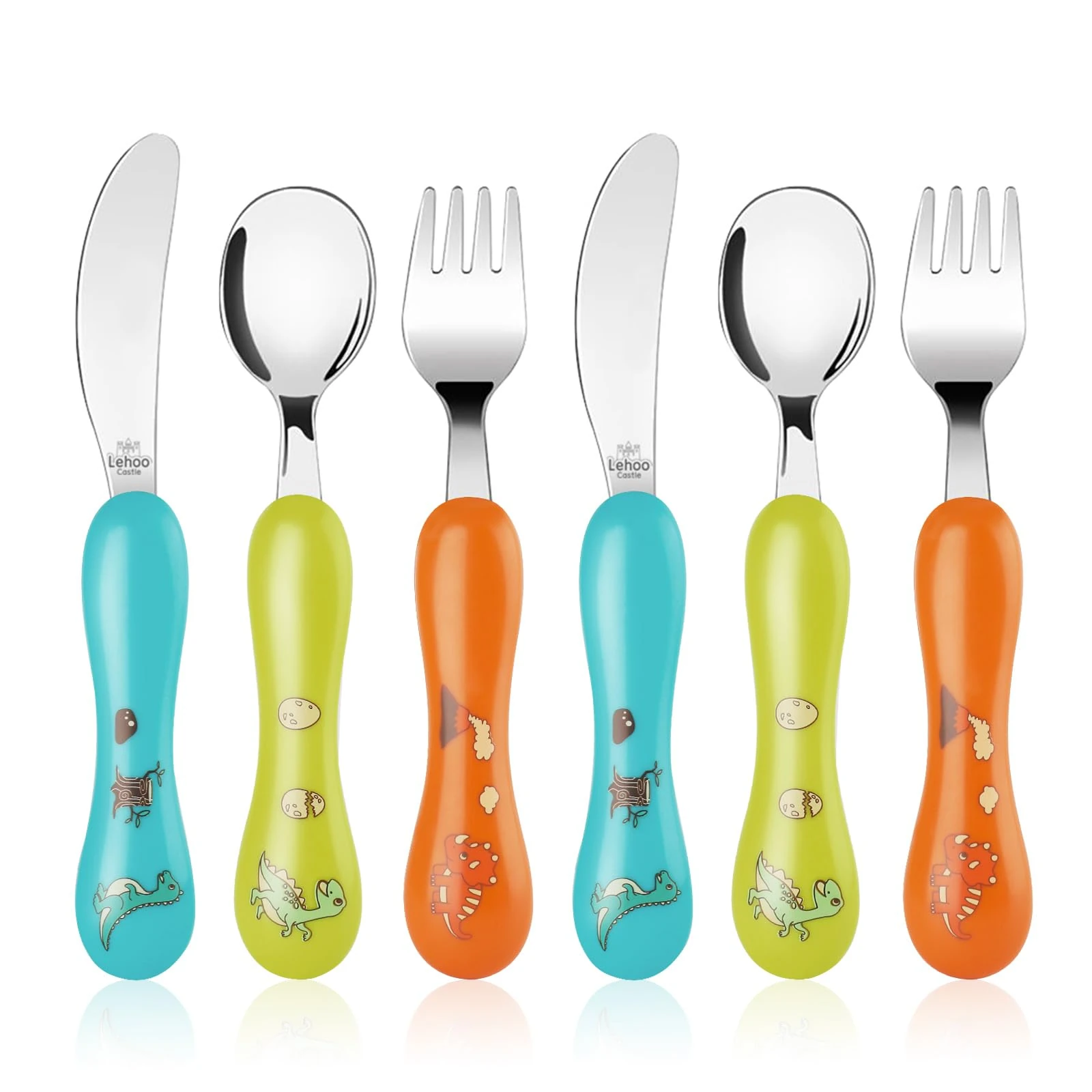 Lehoo Castle Toddler Cutlery, 6pcs Stainless Steel Dinosaurs Kids Children's Cutlery Flatware, Incudes 2 x Spoons, 2 x Forks, 2 x Knives