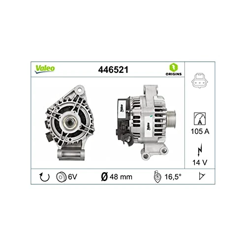 VALEO 446521 Alternator Alternator Charge current: 105 Amp Grooves: 6 grooves Pulley diameter: 50 mm Voltage: 14 V Rotation direction: CLOCKWISE