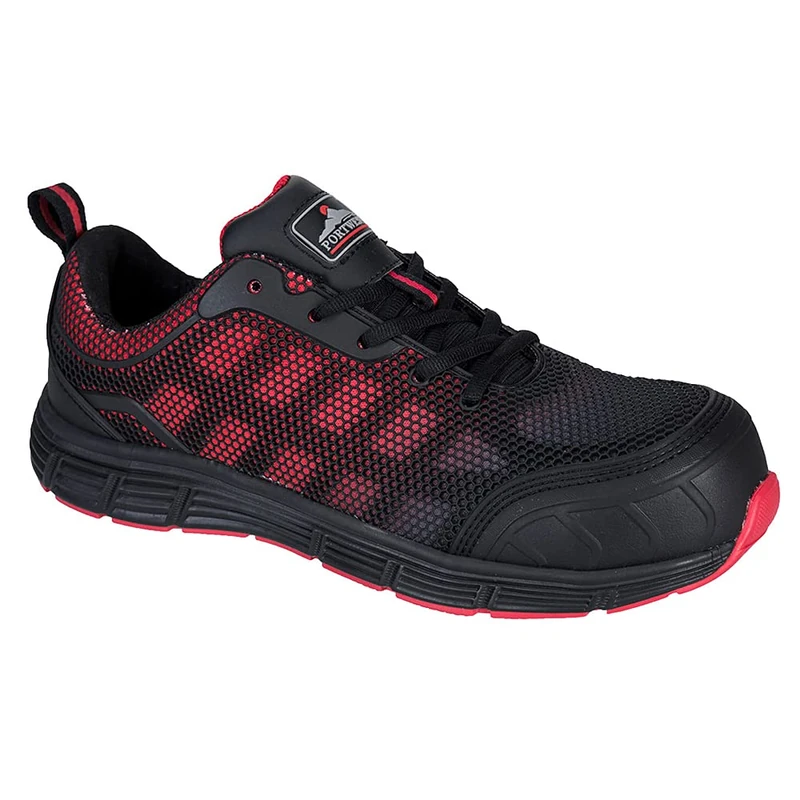 Portwest Compositelite Ogwen Low Cut Trainer S1P, Color: Black/Red, Size: 45, FT35BKD45 - Image 1