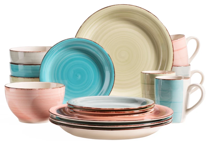 MÄSER 931604 Bel Tempo II 16-Piece Vintage Crockery Set for 4 People Hand-Painted Ceramic Dinner Set Stoneware Green/Pink/Turquoise/Smoke Blue