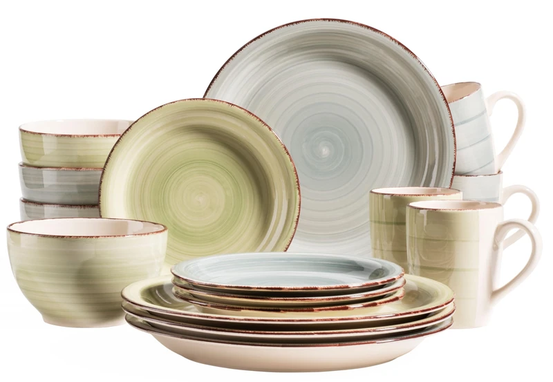 MÄSER 931603 Bel Tempo II 16-Piece Vintage Tableware 4 People, Hand-Painted Ceramic Crockery Set, Stoneware, Smoke Blue/Green