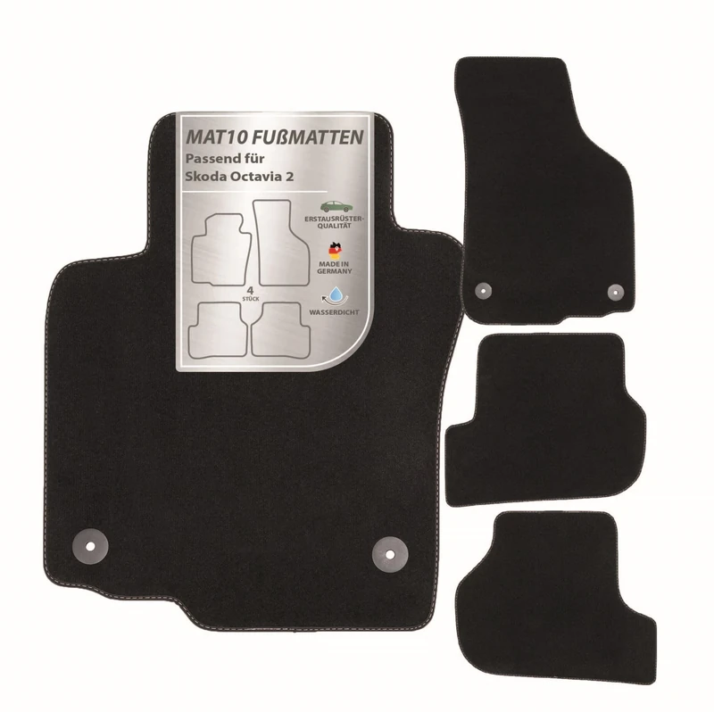 MAT10 Car Floor Mats for Skoda Octavia 2 (Year of Manufacture 03/2007-01/2013, Type 1Z) Made of Velour, 4-Piece Car Mat Set, Durable OEM Quality, Made in Germany