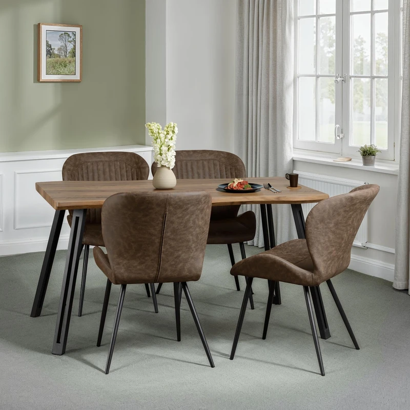 Seconique Quebec Wave Edge Dining Set with 4 Dining Chairs in Medium Oak Effect/Brown Pu