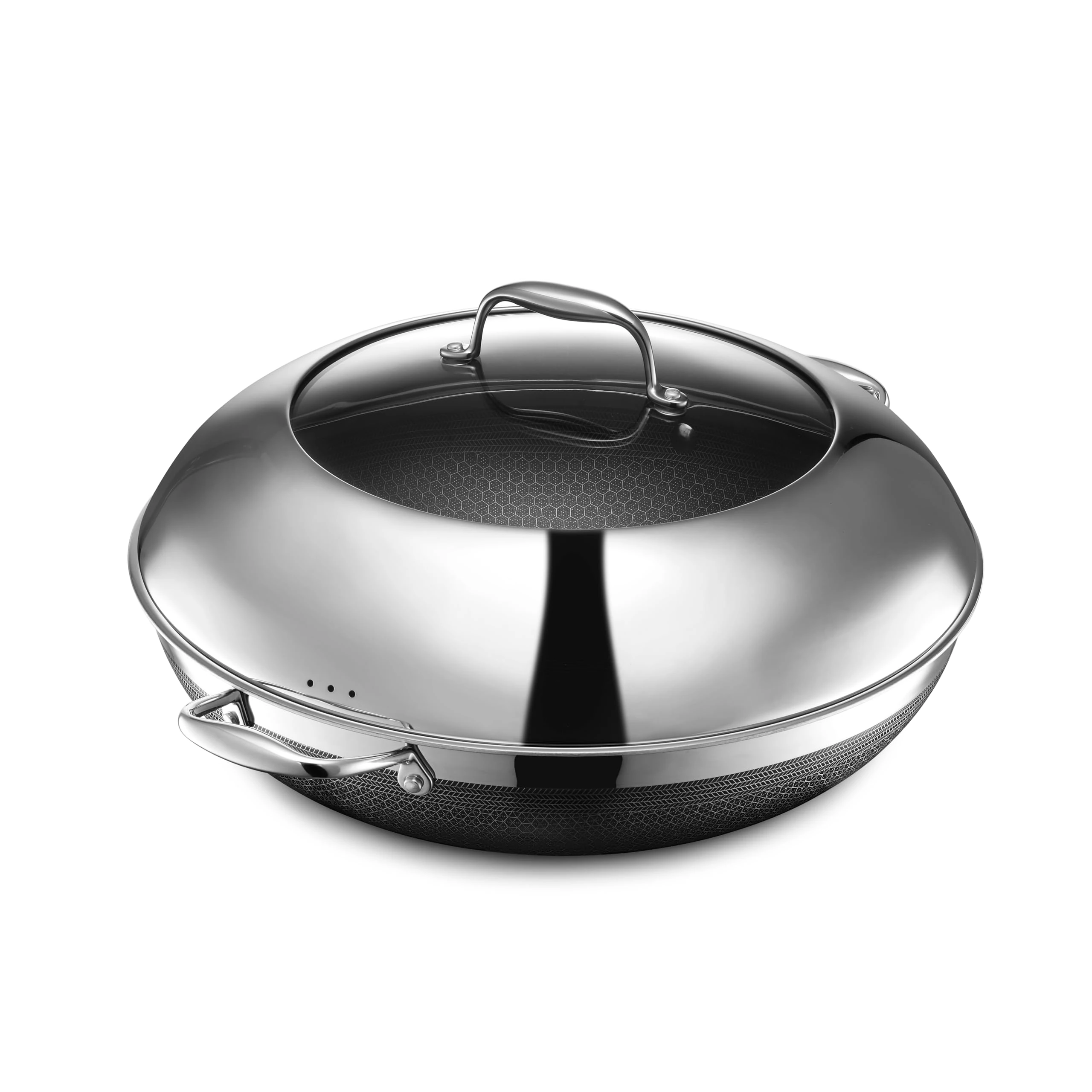 HexClad Hybrid Nonstick 35 cm Wok with Steel Lid, Dishwasher and Oven Safe, Induction Ready, Compatible with All Cooktops