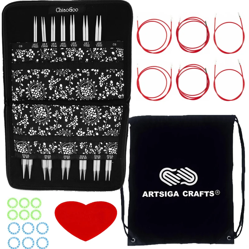 ChiaoGoo Twist Red Lace 4-Inch Complete 7400-C Interchangeable Circular Knitting Needle Set, Sizes US 2, 3, 4, 5, 6, 7, 8, 9, 10, 10.5, 11, 13, 15 with 6 Cords Bundle with 1 Artsiga Crafts Project Bag