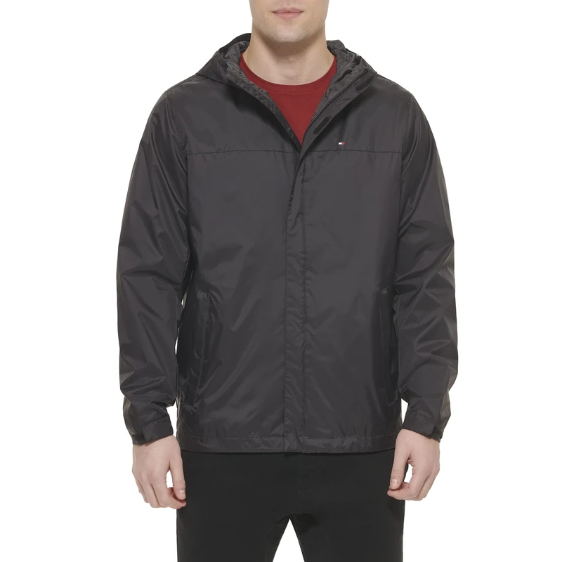 Tommy Hilfiger Men's Waterproof Breathable Hooded Jacket Raincoat, Black, 3XL