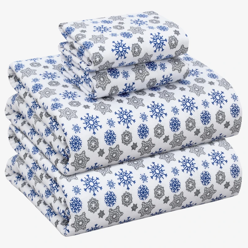 Ruvanti 100% Cotton 4 Piece Flannel Sheets Full Snow Flake Print Deep Pocket Warm Super Soft - Breathable Moisture Wicking Flannel Bed Sheet Set Full Includes Flat Sheet, Fitted Sheet 2 Pillowcases