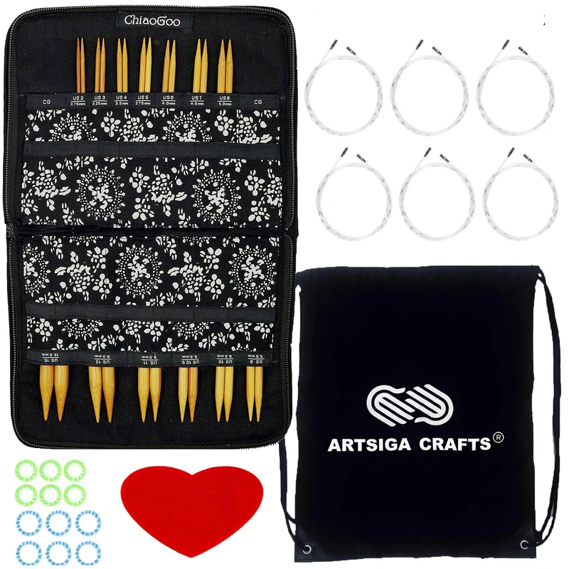 ChiaoGoo Knitting Needles Interchangeable Spin Bamboo Complete 4-Inch Needle Set Bundle with 1 Artsiga Crafts Project Bag 2400-C