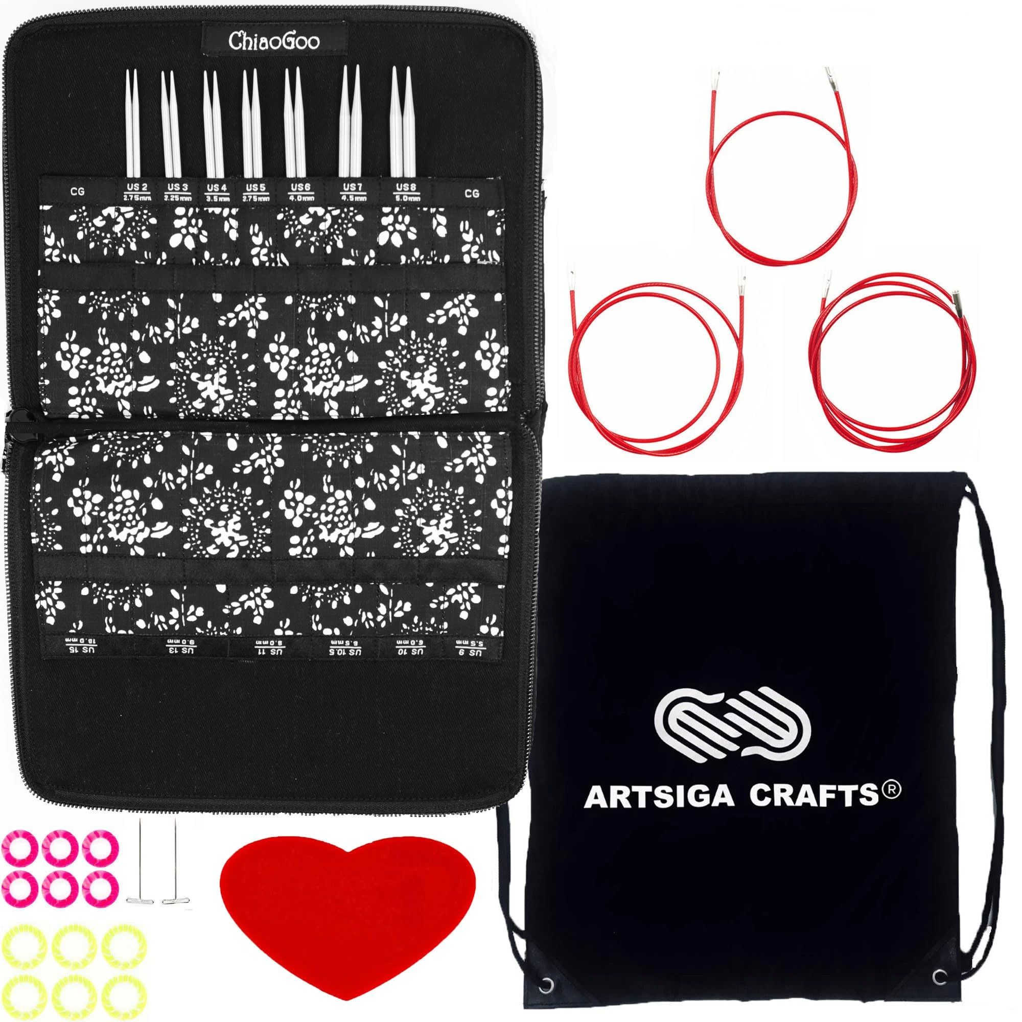 ChiaoGoo Knitting Needles Interchangeable Twist Red Lace Small 4-Inch Needle Set Bundle with 1 Artsiga Crafts Project Bag 7400-S
