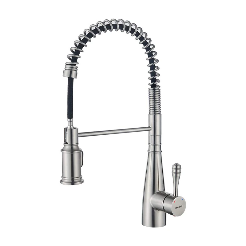 Ibergrif Kitchen Tap Pull Out Spring Design with Bracket, 360° Swivel Kitchen Sink Mixer Tap, 2 Spray Modes, Kitchen Faucet Hot Cold Mixer, Cold Start, Single Hole, Easy Install