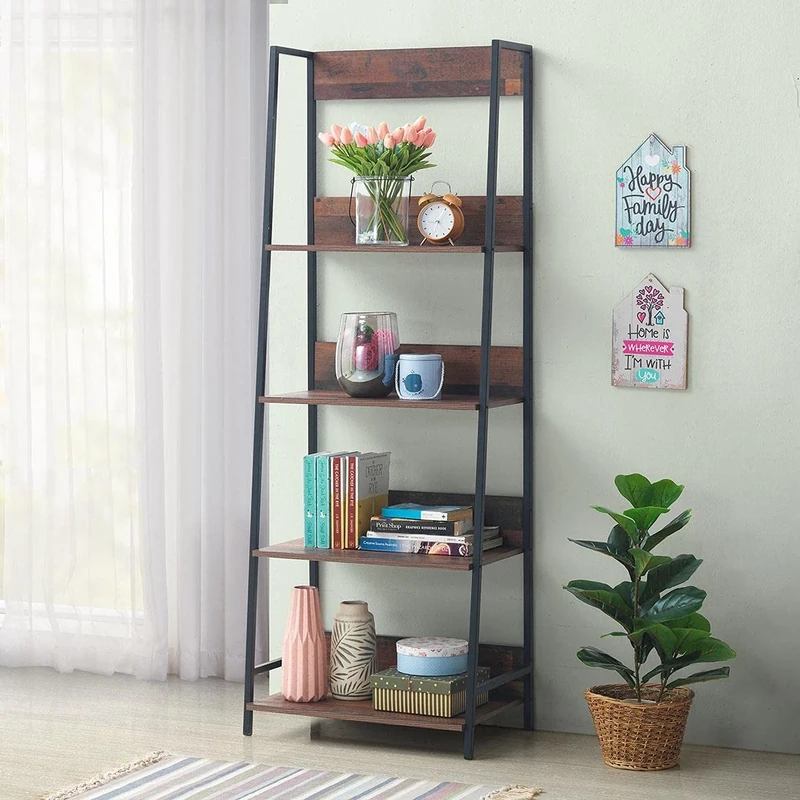 Timber Art Design UK Abbey 4 Tier Ladder TV Stand Wall Unit Shelving Retro Contemporary Organiser For Modern Living Room Bedroom Hallway Furniture, Rustic Oak Finish, H 180cm x W 63.8cm x D 40cm