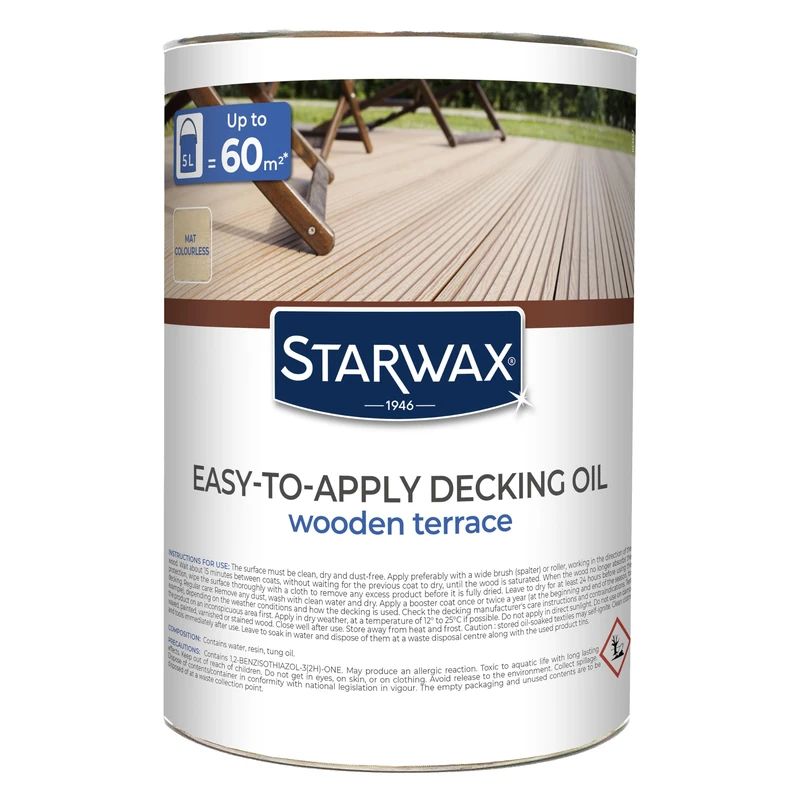 STARWAX - Easy-To-Apply Saturator - For Outdoor Decking and Wood - Colourless - Protects and Nourishes Deeply - Prevents Drying-Out - Solvent-Free - 5L - 1L = 10 to 12m²