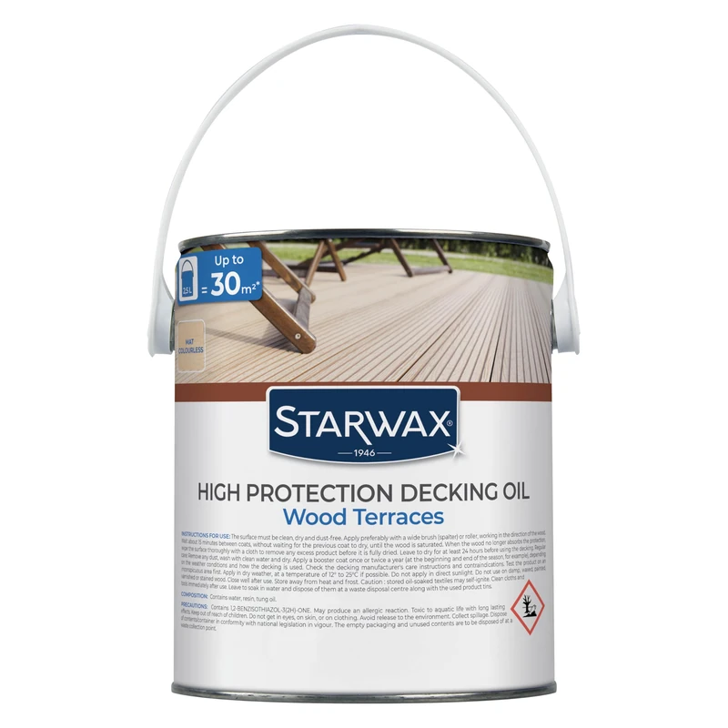 STARWAX - High Protection Decking Oil - Wood Terraces - For Terraces and Colorless Exterior Wood - Protects - Deeply Nourishes - Prevents Drying - 2.5L - 1l = 10 to 12m²