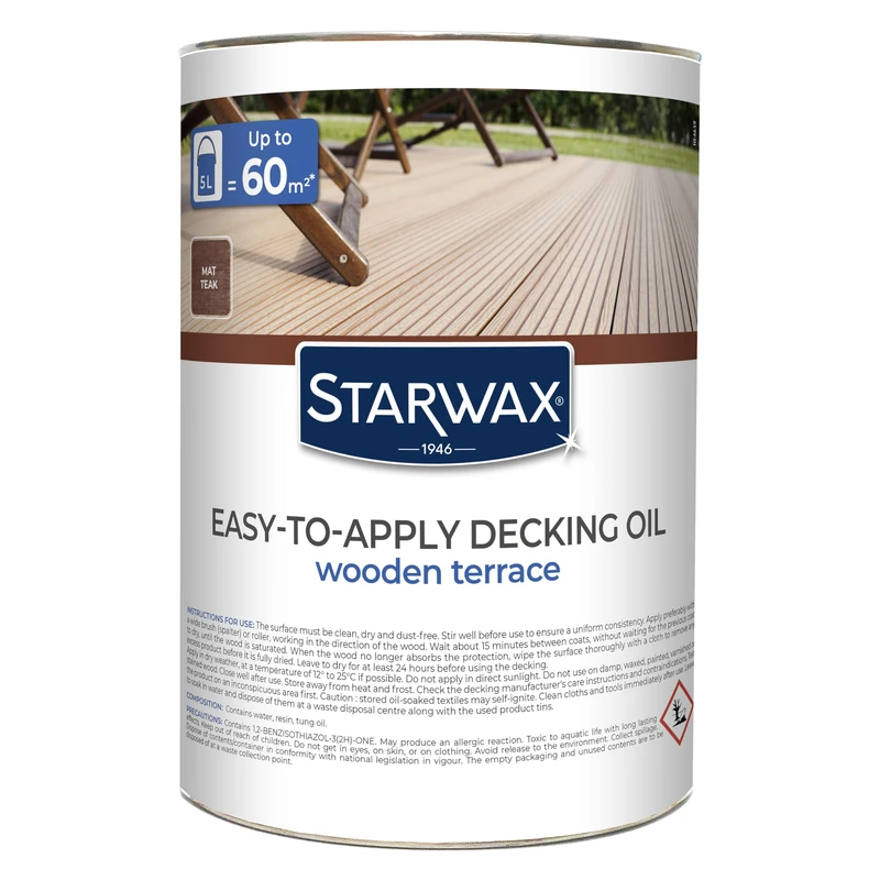 STARWAX - Easy-To-Apply Saturator - For Outdoor Decking and Wood - Teak Shade - Protects and Nourishes Deeply - Prevents Drying-Out - 5L - 1L = 10 to 12m² - Image 1