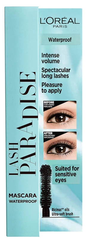 L'Oréal Paris Lash Paradise Waterproof Mascara for Intense Volume and Spectacular Length, Suitable for Sensitive Eyes, Black, Pack of 1