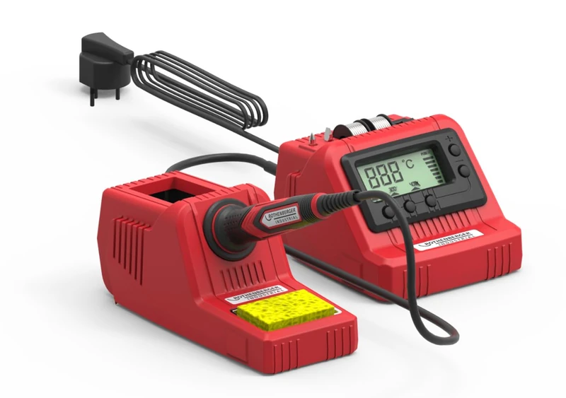 ROTHENBERGER Industrial Soldering Station with Digital Temperature Display | LED | 3 Soldering Iron Tips: 1 pre-Assembled, 1 Pointed, 1 Flat | 2 Electronic Block Rolls | 1 x Sponge