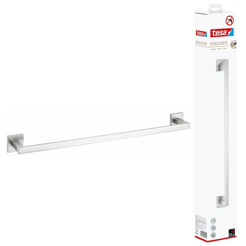 tesa EXXCLUSIV Single Towel Rail - Self-Adhesive Towel Bar in Stainless-Steel Design - Wall-Mounted Towel Holder - Waterproof, incl. Power.Kit Adhesive Solution - 50mm x 630mm x 73mm