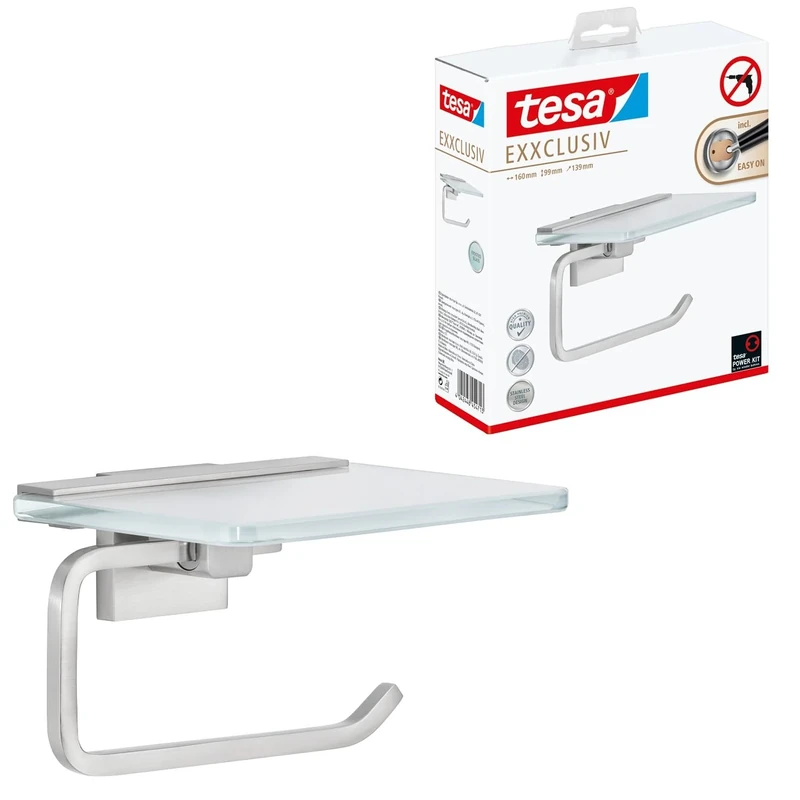 tesa EXXCLUSIV toilet roll holder, self-adhesive, stainless steel look, classy design, guaranteed stainless, 99mm x 160mm x 139mm