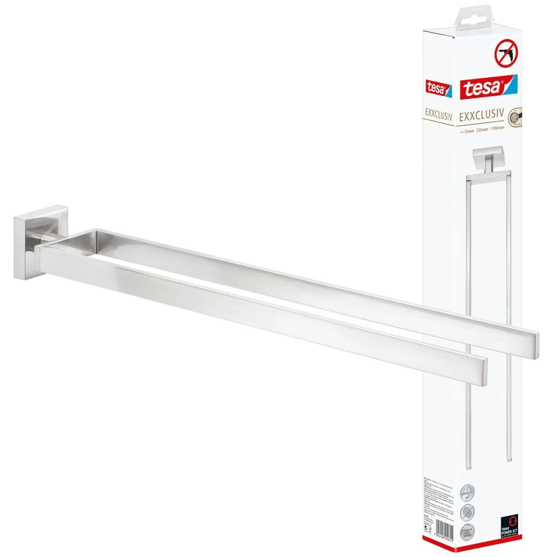 tesa EXXCLUSIV Double Towel Holder - Wall-Mounted, Stainless-Steel Towel Holder with Two Swivel Arms - waterproof, incl. Power.Kit Adhesive Solution - 50mm x 72mm x 450mm