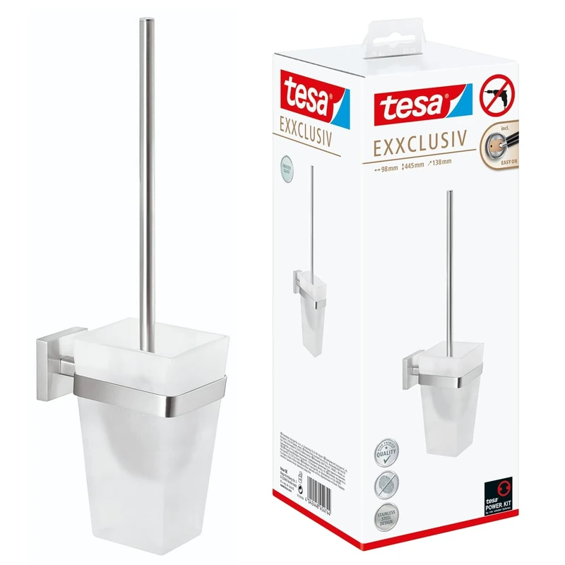tesa EXXCLUSIV Toilet Brush Holder - Wall-Mounted, Stainless-Steel Toilet Brush with Bowl in Frosted-Glass Design - Waterproof, incl. Power.Kit Adhesive Solution - 445mm x 98mm x 138mm