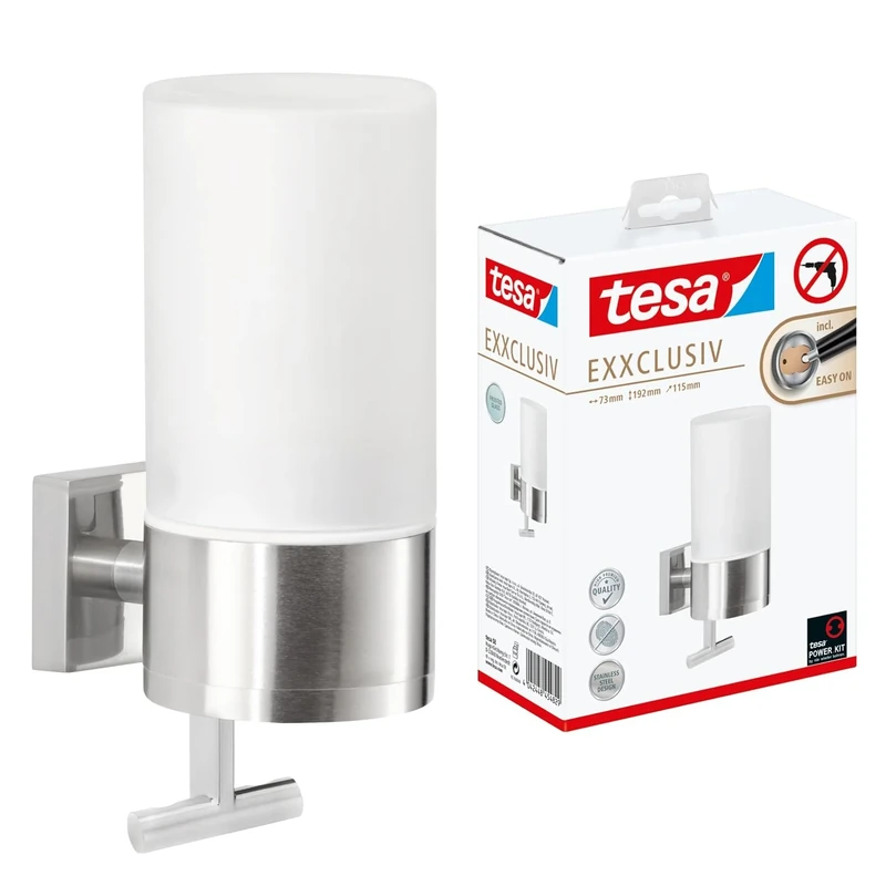 tesa EXXCLUSIV Soap Dispenser 230 ml - Self-Adhesive Hand Soap Dispenser in White Frosted-Glass Design with Pull Function - Waterproof, incl. Power.Kit Adhesive Solution - 192mm x 73mm x 115mm