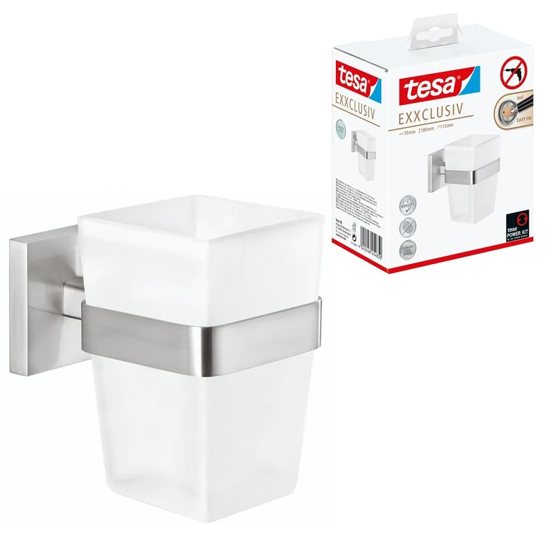 tesa EXXCLUSIV Toothbrush Holder - Self-Adhesive, Stainless-Steel Tooth Brush Holder with Frosted Glass Cup - Waterproof, incl. Power.Kit Adhesive Solution - 100mm x 70mm x 113mm