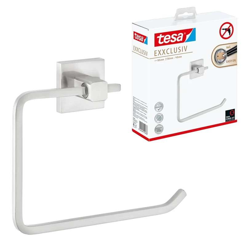 tesa EXXCLUSIV Towel Ring - Self-Adhesive Hand Towel Ring in Stainless-Steel Design - Wall-Mounted Towel Holder - waterproof, incl. Power.Kit Adhesive Solution - 156 mm x 185 mm x 45 mm