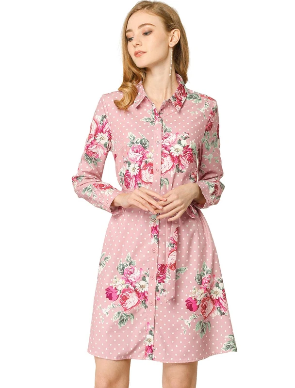 Allegra K Women's Button Down Vintage Polka Dots Dresses Collar Tie Belted Shirt Dress, Pink, S - Image 1