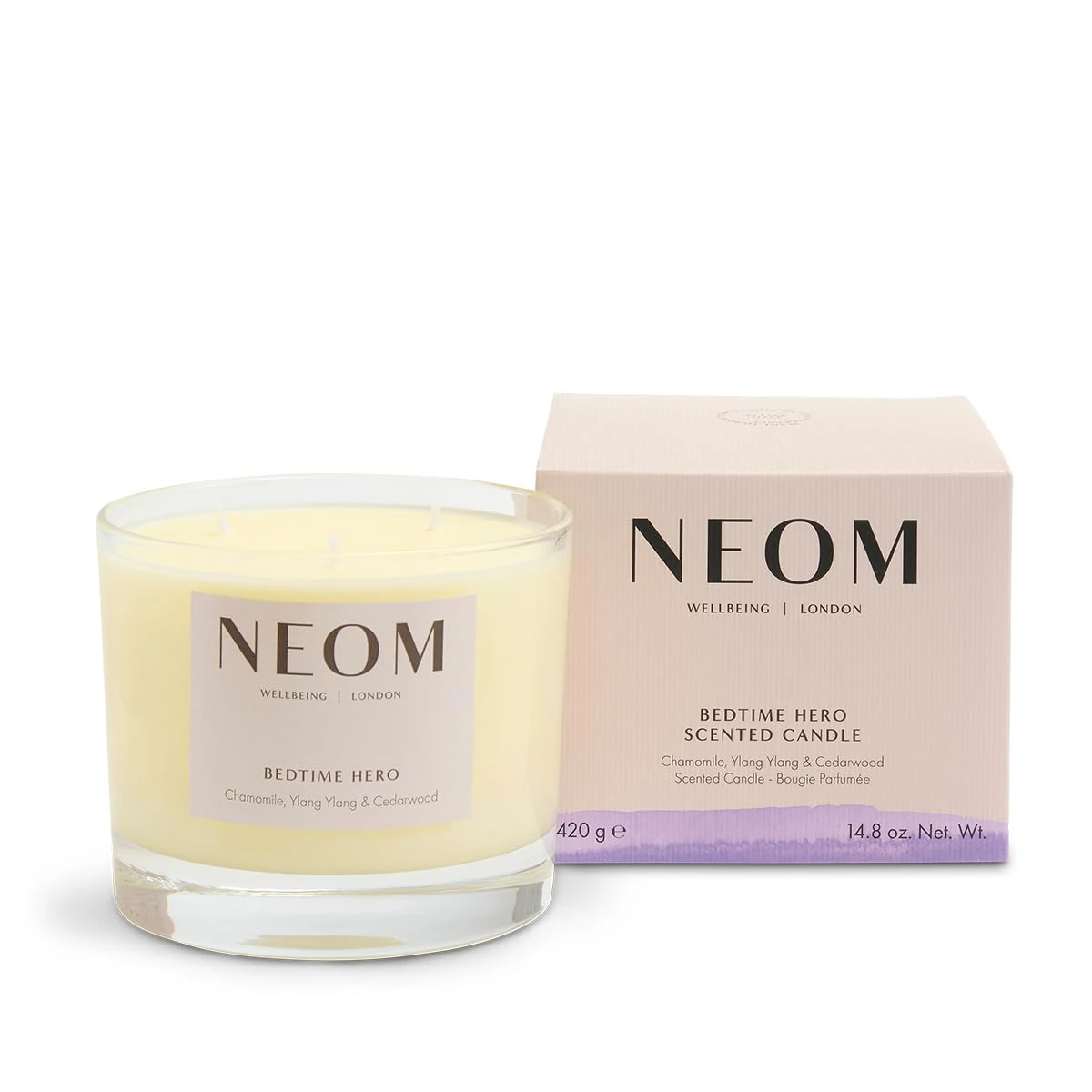 NEOM – Bedtime Hero Scented Candle, 3 Wick | Essential Oil Aromatherapy Candle | Chamomile, Ylang Ylang & Cedarwood | Scent to Sleep