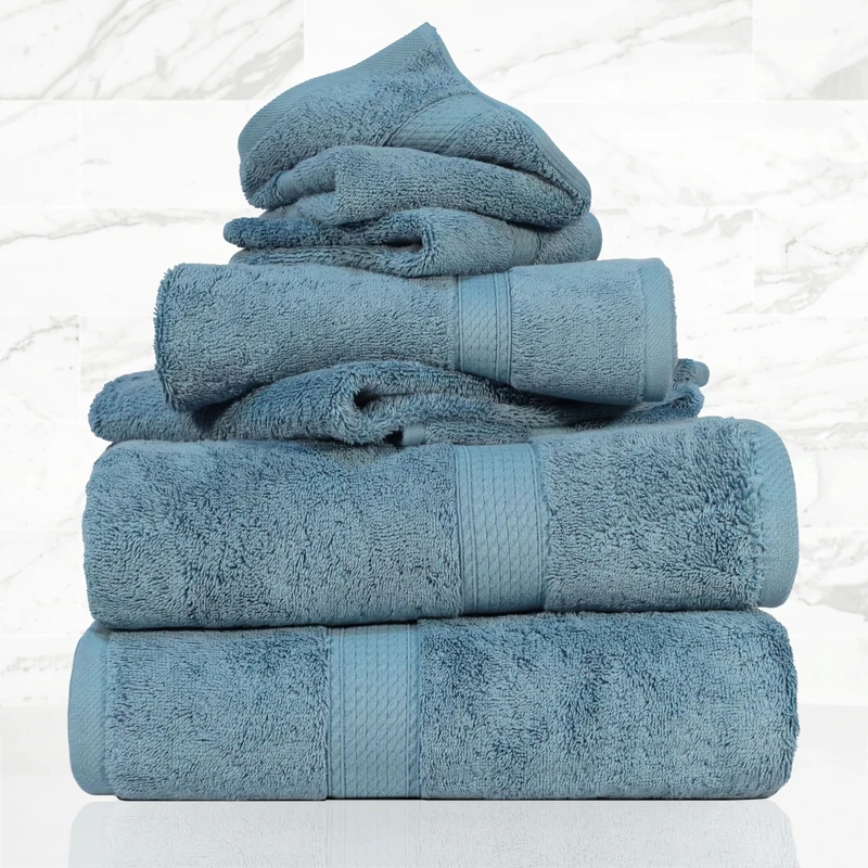 Superior Solid Egyptian Cotton Towel Set, Washcloths 13 x 13 Inches, Hand Towels 20 x 30 Inches, Bath Towels 30 x 55 Inches, Denim Blue, 6 Pieces