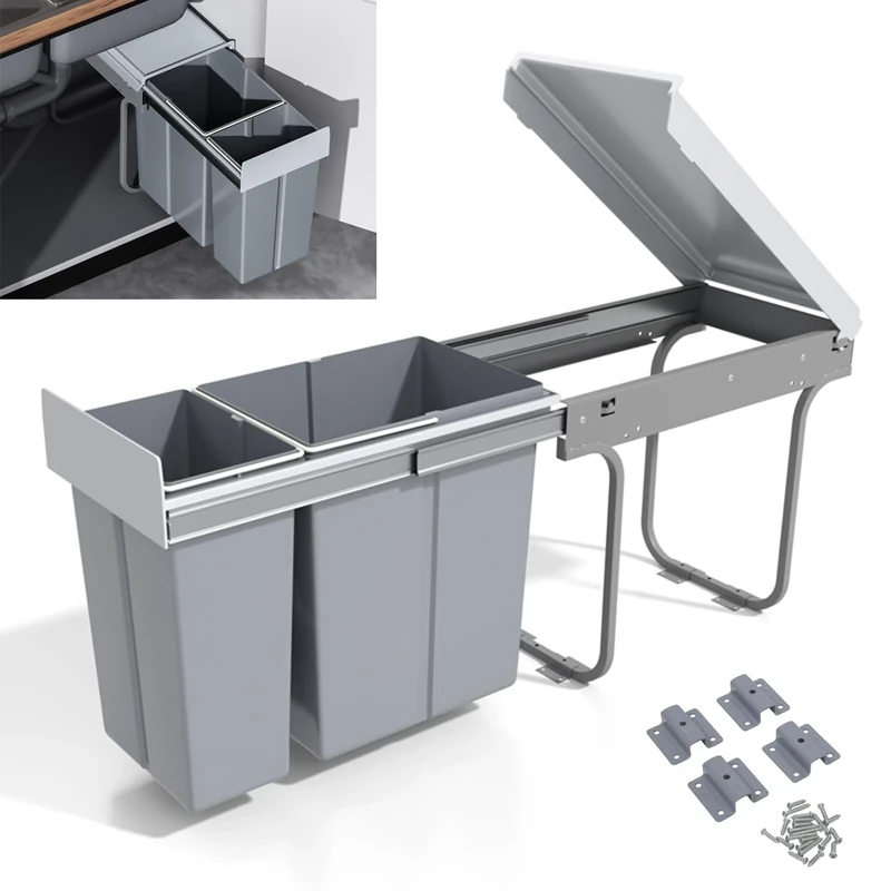 LeHom Sliding Pull Out Trash Can Under Counter Recycling Garbage Bin with Lid Kitchen Cabinet Waste Cans Double 10L + 20L 8 Gallon Cupboard Waste Container, 30 Liters