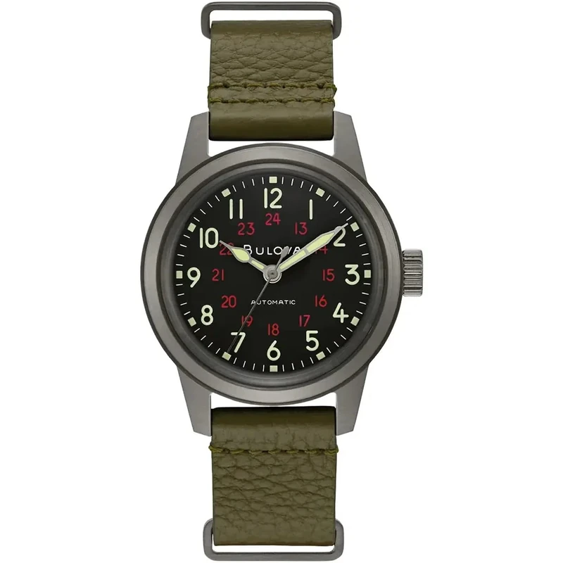 Bulova Unisex Analogue Automatic Watch with Genuine Leather Strap 98A255, Khaki, Strap.