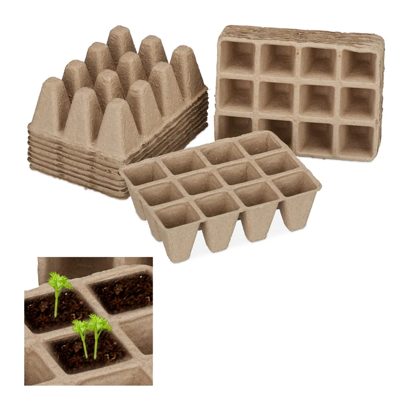Relaxdays Fibre Plant Pots for Seeds, Seedlings & Cuttings, Pack of 204, Biodegradable, Square, Cellulose, 5 cm, Beige