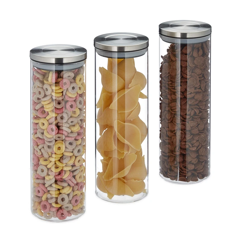 Relaxdays Storage Jars Set of 3, 1.8 L, Airtight, Stainless Steel Lids, Food Containers, Pasta, Rice, Transparent