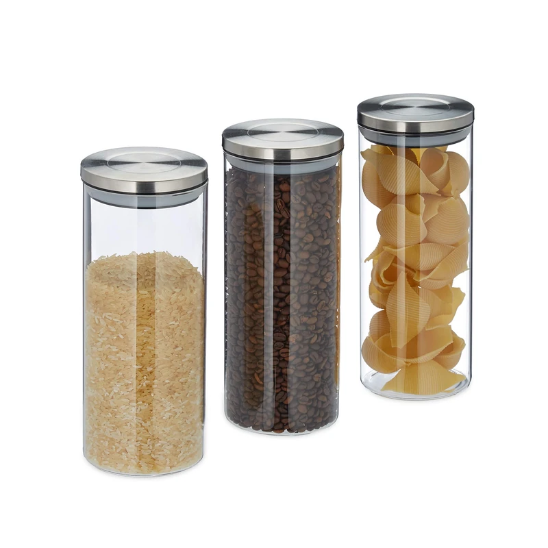 Relaxdays Storage Jars Set of 3, 1.5 L, Airtight, Stainless Steel Lids, Food Containers, Pasta, Rice, Transparent