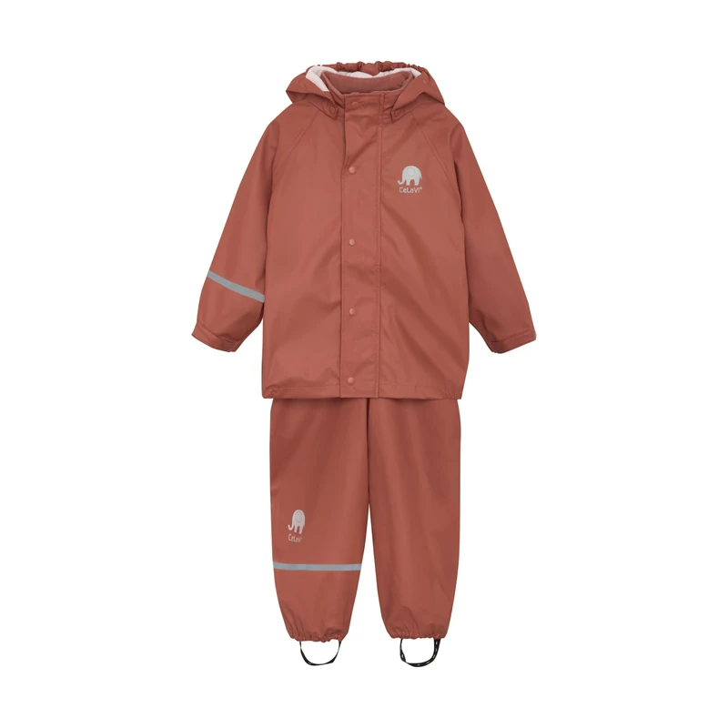 CeLaVi Kids 100% Waterproof Rain Gear Boys Girls Rain Suit – PU Rain Jacket & Pants Set, Windproof, Reflective Stripes, Outdoor Play Rainwear, Redwood, 120