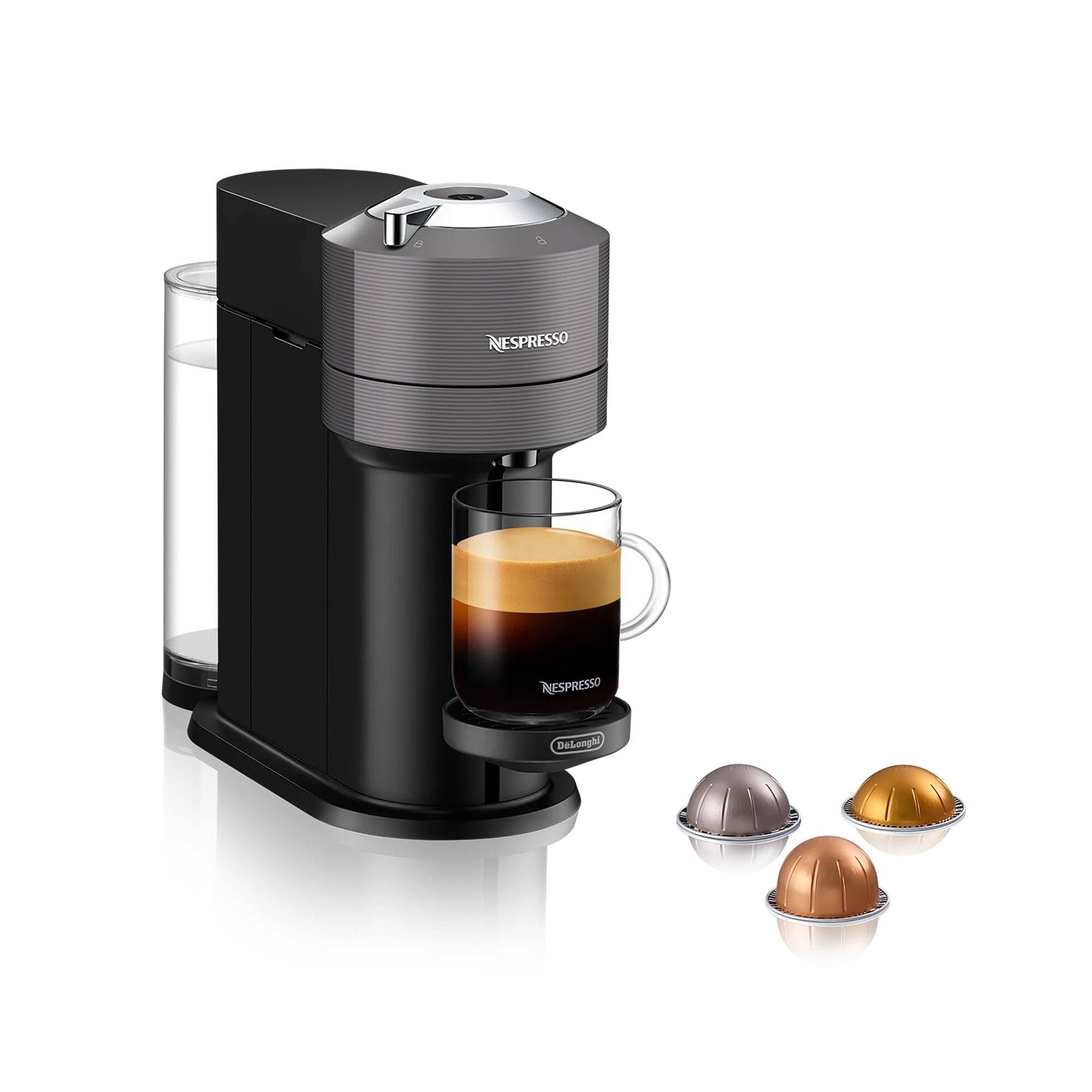 Nespresso Vertuo Next Coffee Machine by De'Longhi, Over 30 Varieties of Pods, 6 Coffee Cup Sizes, Americano, Starter Capsule Set Included, EN120.GY, Grey