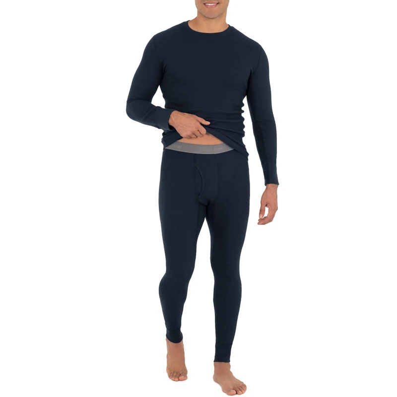 Fruit of the Loom Men's Recycled Waffle Thermal Underwear Set (Top and Bottom) Pajama, Navy, 4X-Large
