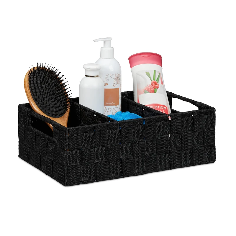 Relaxdays Storage Basket with Compartments, Bathroom Cosmetics Bin, Box, Handles, HWD: 10x32x21 cm, Black