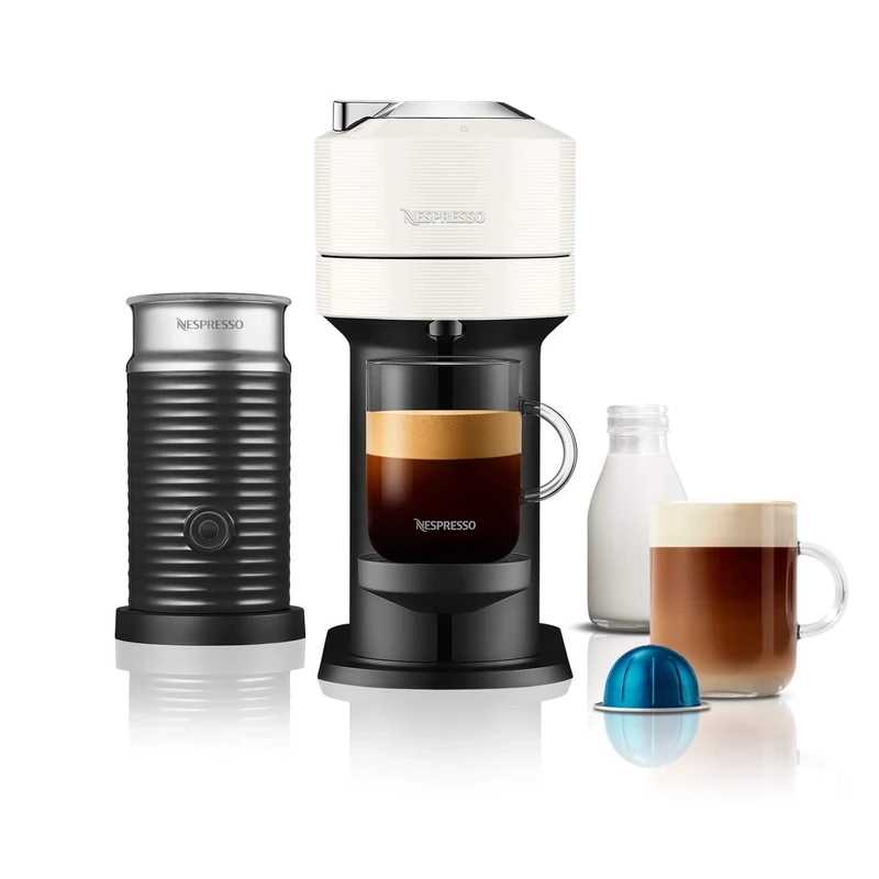 Nespresso Vertuo Next Coffee Machine by De'Longhi with Aeroccino Milk Frother, Over 30 Varieties of Pods, 6 Coffee Cup Sizes, Latte, Cappuccino, Starter Capsule Set Included, EN120.WAE, White
