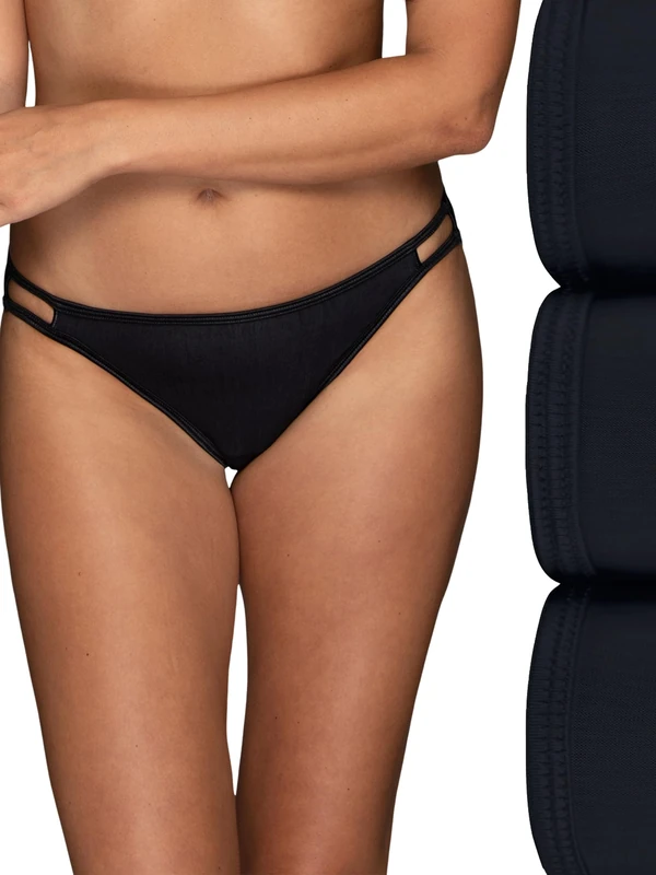 Vanity Fair Women's Illumination String Bikini Panties, Silky Stretch & Satin Trim Style Underwear, 3 Pack-Midnight Black, 7