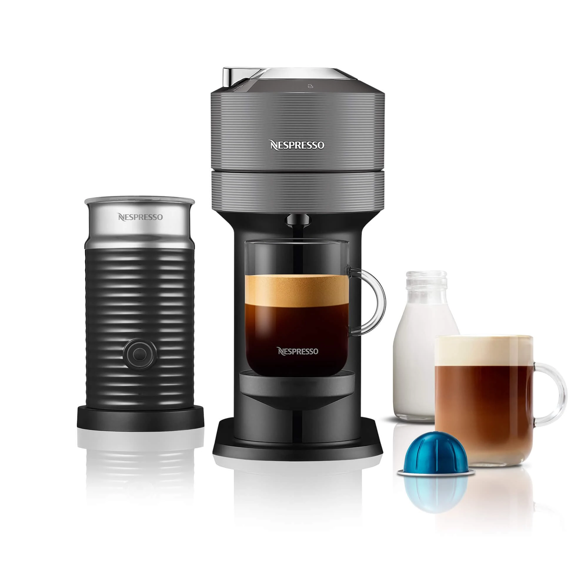 Nespresso Vertuo Next Coffee Machine by De'Longhi with Aeroccino Milk Frother, Over 30 Varieties of Pods, 6 Coffee Cup Sizes, Latte, Cappuccino, Starter Capsule Set Included, EN120.GYAE, Grey