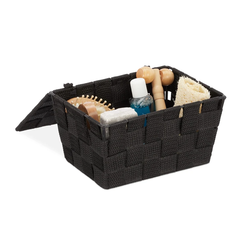 Relaxdays Lidded Storage Basket with Lid, Bathroom Storage, PP, HxWxD: 10.5 x 19.5 x 14.5 cm, Black