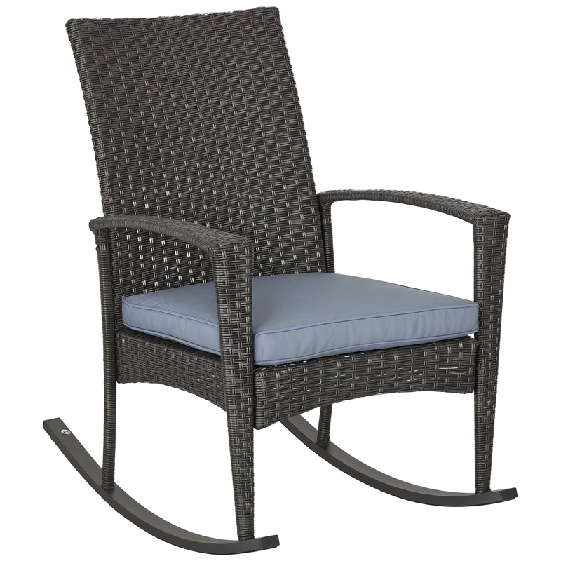 Outsunny PE Rattan Garden Rocking Chair, Outdoor Rocking with Cushion, 160 KG Capacity Wicker Garden Armchair Rocker with Metal Frame for Patio, Porch, Balcony, Grey