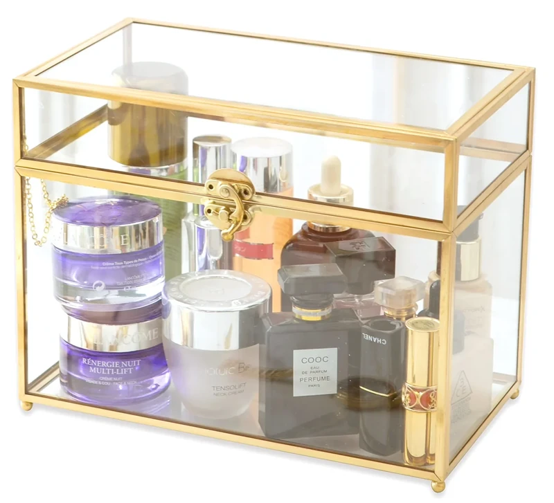 Large 10“ Geometric Terrarium Gold Brass Glass Card Box Vintage Rectangle Shape with Foot, Perfect for Centerpiece Decor Wedding Receptions Planter Holder Gift & Display Box Keepsake Centerpiece