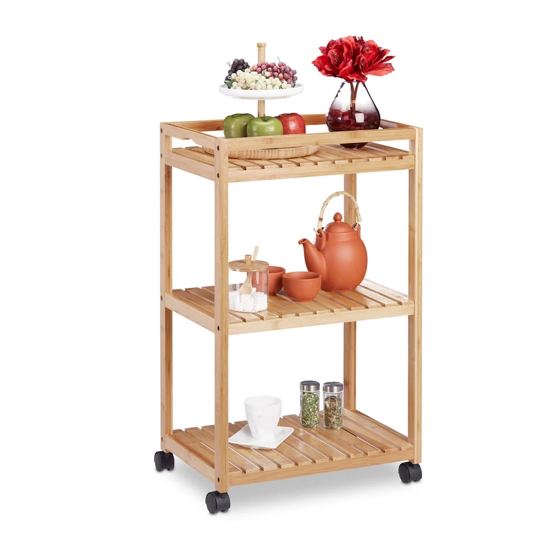 Relaxdays 10029398 Bamboo Serving Trolley, 3-Tier Kitchen Cart, Plastic Casters with Brakes, HxWxD: 77 x 47 x 32.5 cm, Natural