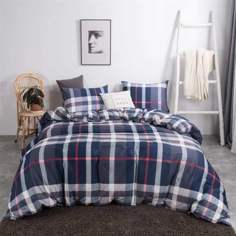 CLOTHKNOW Navy Blue Plaid Comforter Set King 3Pcs Tartan Bedding Comforter Sets Geometric Comforter King Size Soft Blue Grey Red King Comforter Set