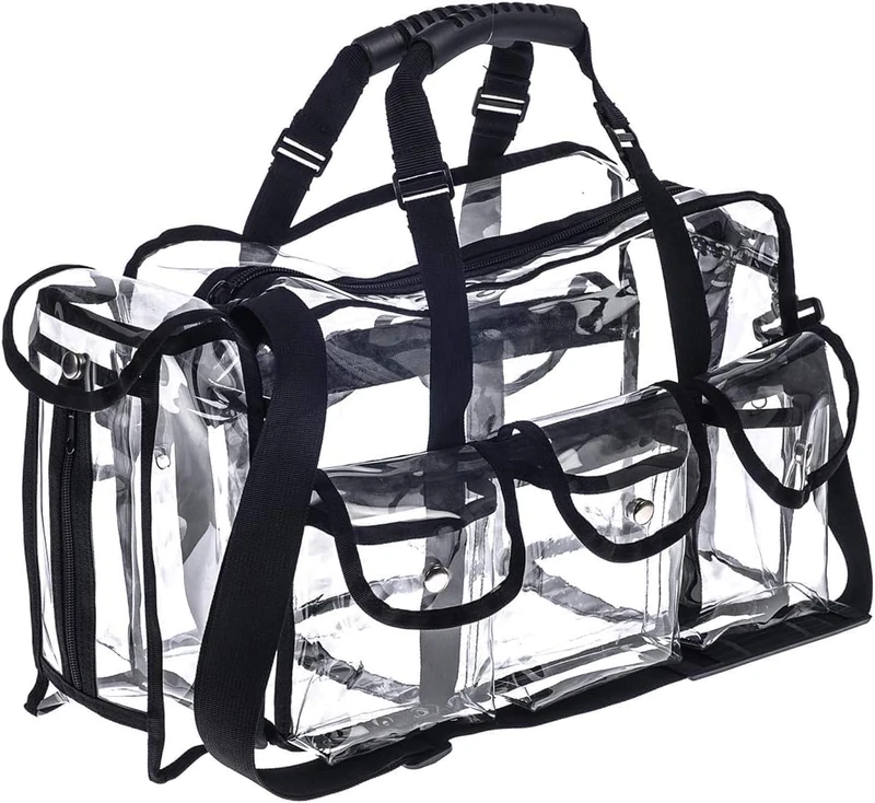 Jula Vance Professional Clear PVC Makeup Kits Organizer Make up Set Bag MUA Carry All Artist Transparent Vinyl Travel Cosmetic Bag with 6 External Pockets & Tissue Holder, Black