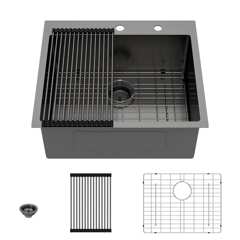 Lordear 25 Drop in Kitchen Sink 25 x 22 inch Gunmetal Black Drop Sink 16 Gauge Stainless Steel Single Bowl Topmount Over Counter Bar Prep Kitchen Sinks Basin